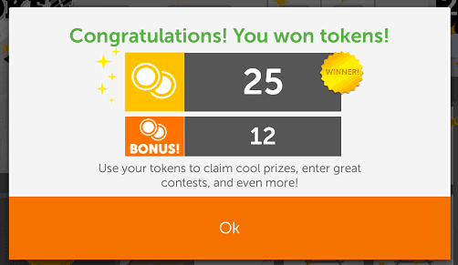 screen showing tokens won with lucktastic