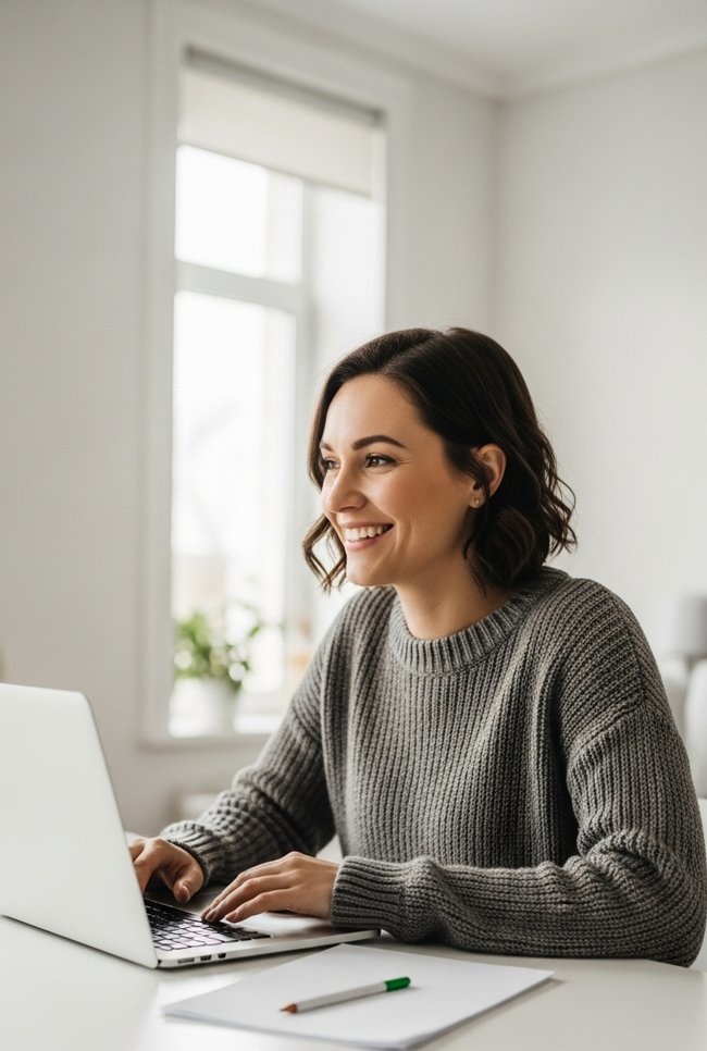 woman working confidently on her laptop at a bright home desk to make money from a proofreading job