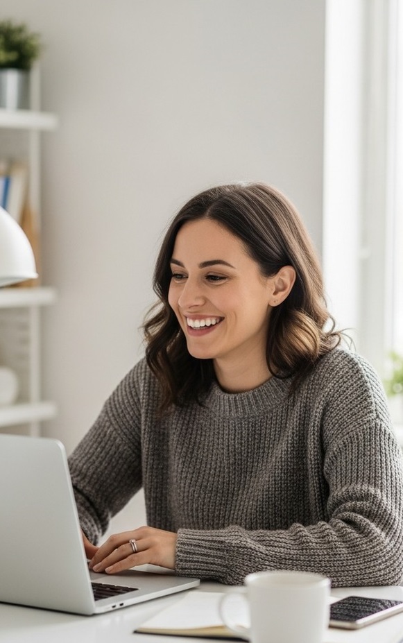 woman working confidently on her laptop at a bright home desk to earn quick cash for the holidays