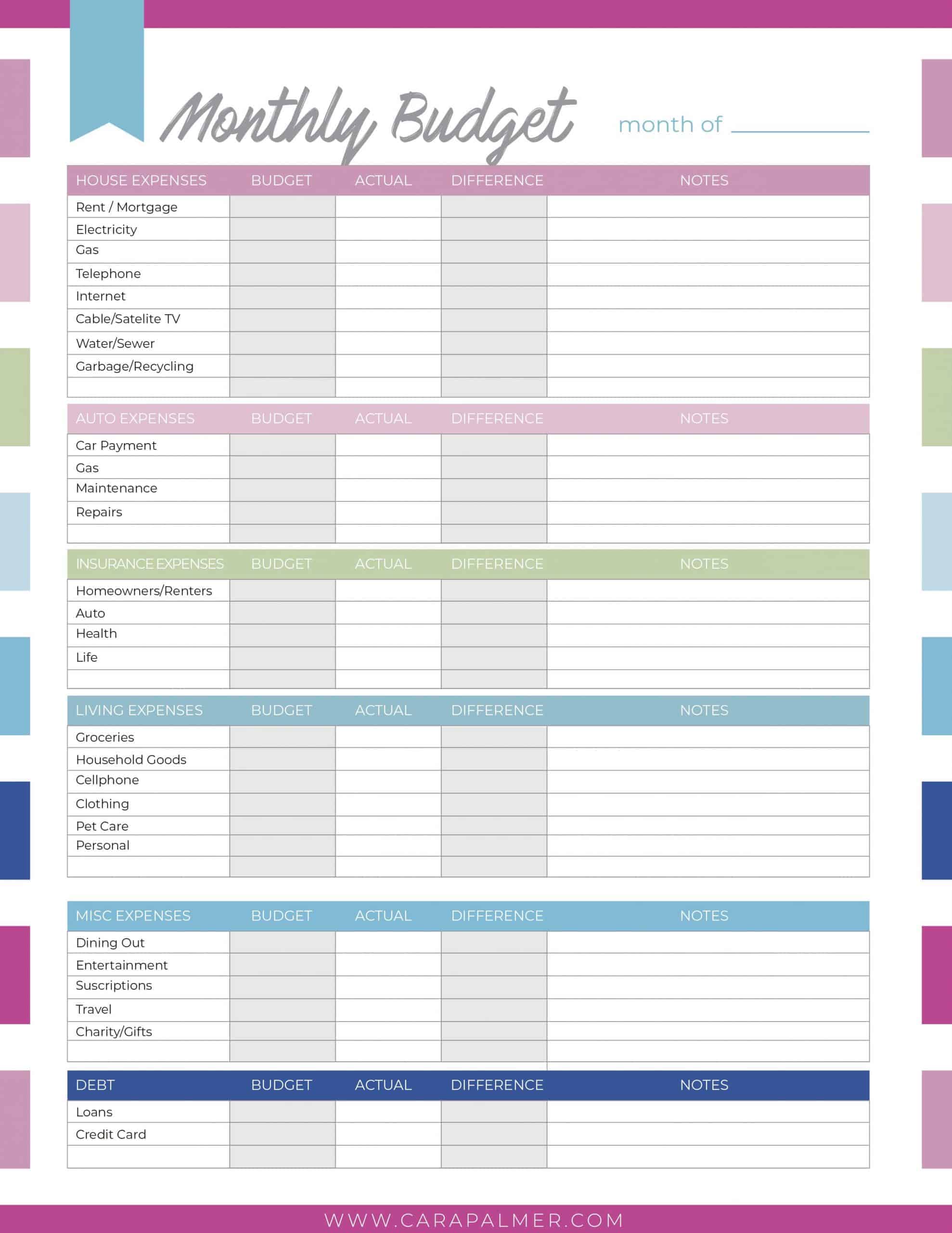budget calendar template pdf