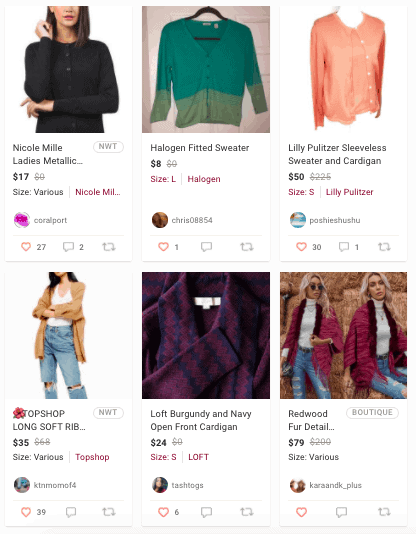 list of cardigans as an example of what sells best on Poshmark