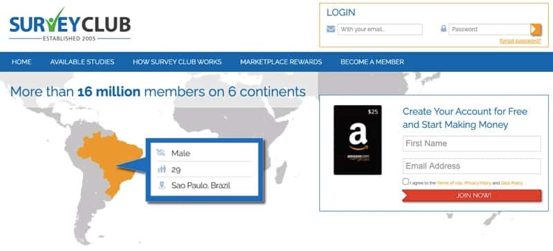 screenshot of surveyclub site