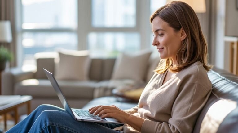woman working on her laptop to keep track of her bills and payments