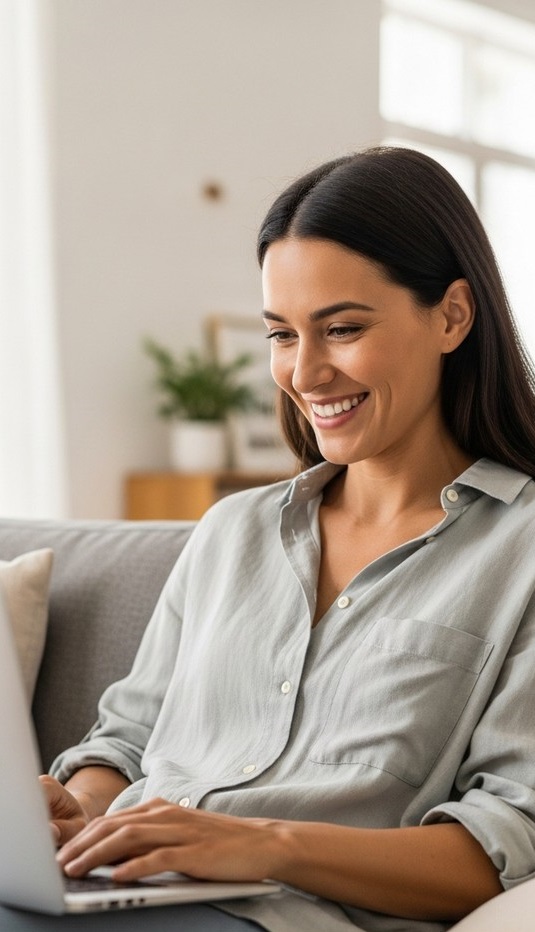 woman smiling while working on her laptop at home for blogging anonymously