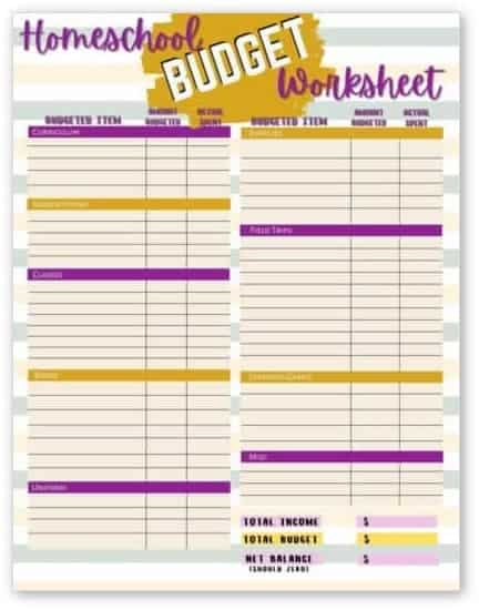 Homeschool blank budget worksheet printable