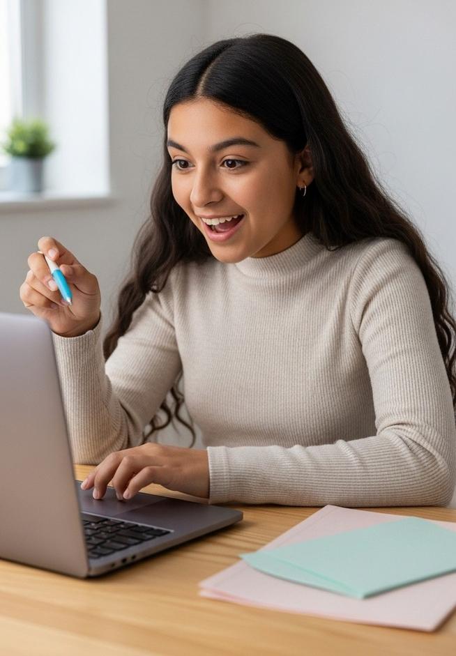 teenage girl browsing party decoration ideas on a laptop at a home desk