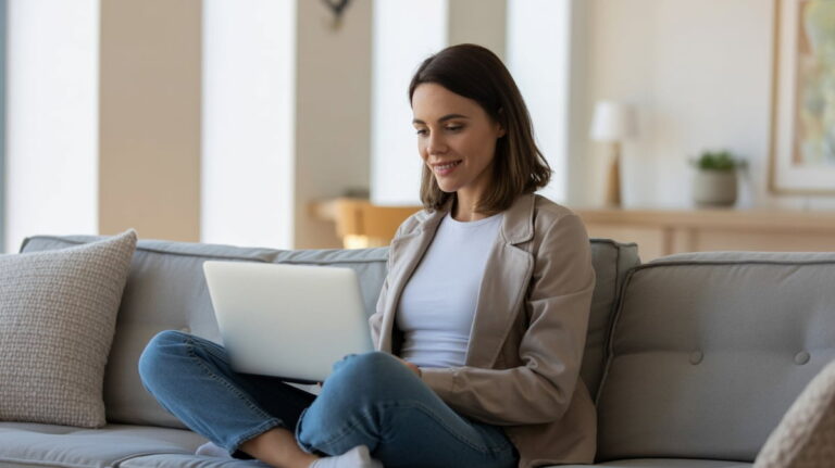 woman looking satisfied at her laptop screen at home as she makes 10 dollars an hour online
