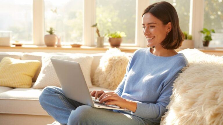 a woman working on her laptop from home as she reads a Proofread Anywhere review of the course