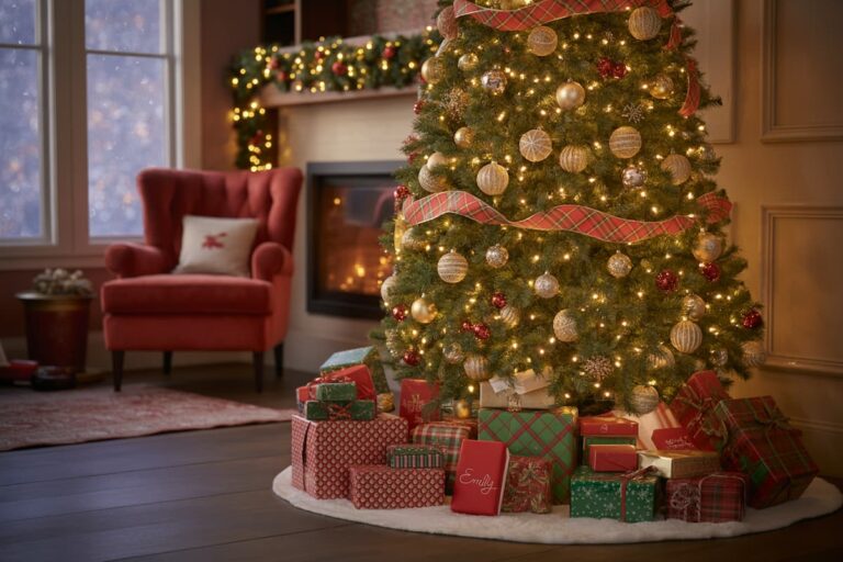 Christmas tree and presents in a living room