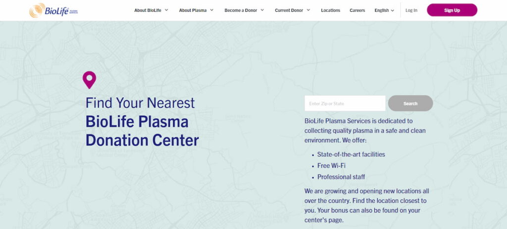 screenshot of the website of BioLife Plasma, one of the highest paying plasma donation centers