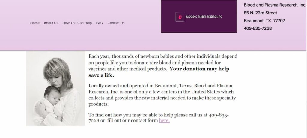 screenshot of the website of Blood and Plasma Research Inc