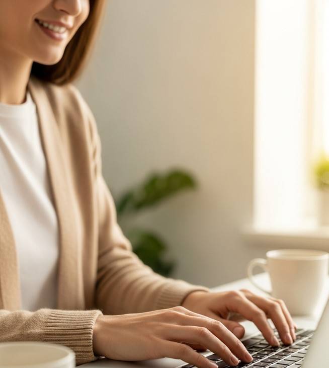 a woman typing on a laptop at a bright clean desk to make $1,000