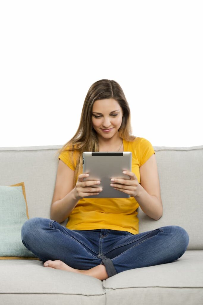 a woman with tablet getting paid to be a virtual friend