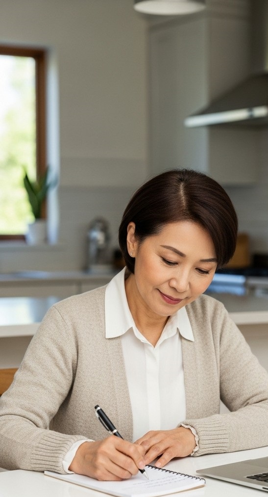 older woman making a list of part-time low stress jobs for after retirement with a notepad and laptop at a kitchen table