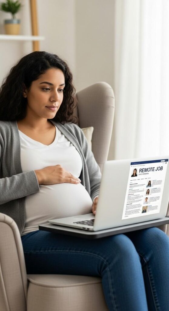 a pregnant woman reviewing remote jobs for pregnant women on a laptop in an armchair to work from home