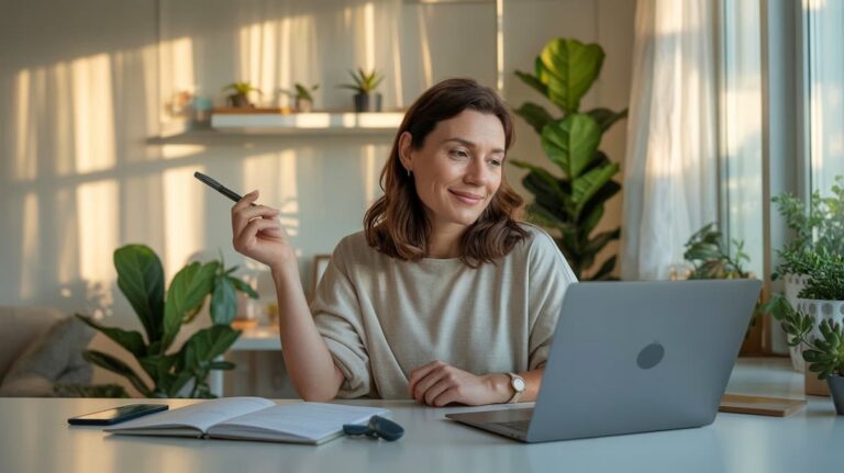 a woman smiling while working on her laptop at home while signing up for online paid focus groups