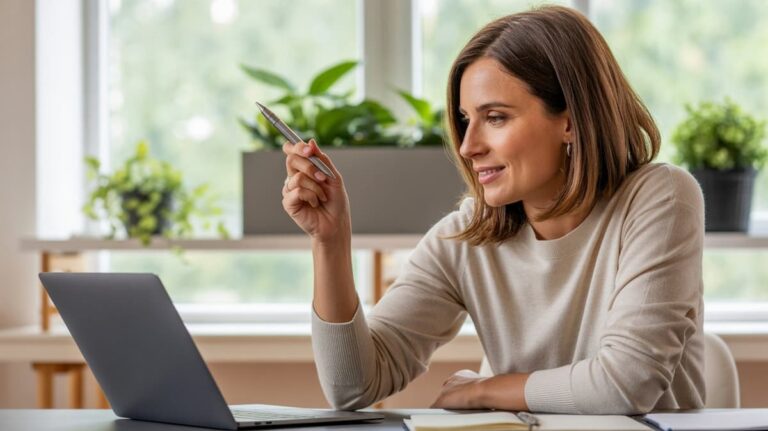 woman smiling while working on her laptop at home while doing an easy freelance job