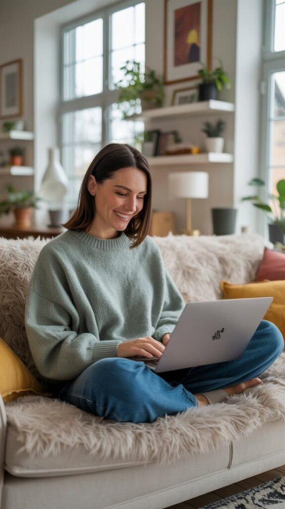 woman smiling while working on her laptop at home