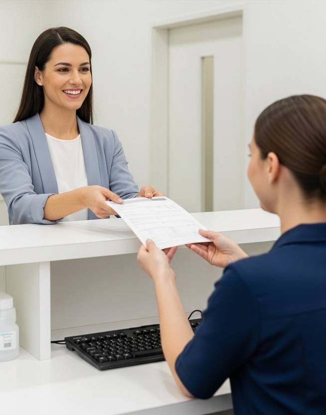 woman handing a form to a receptionist at a clinic desk