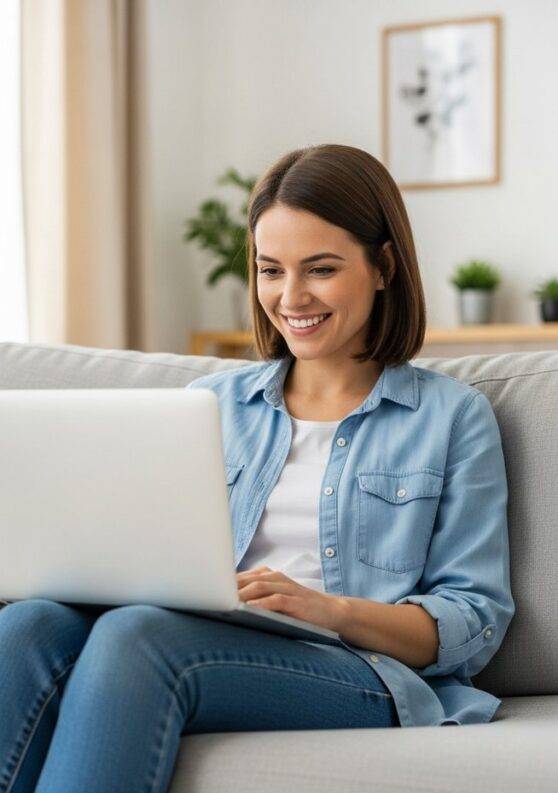a woman smiling while working on her laptop at home to make $100 a day