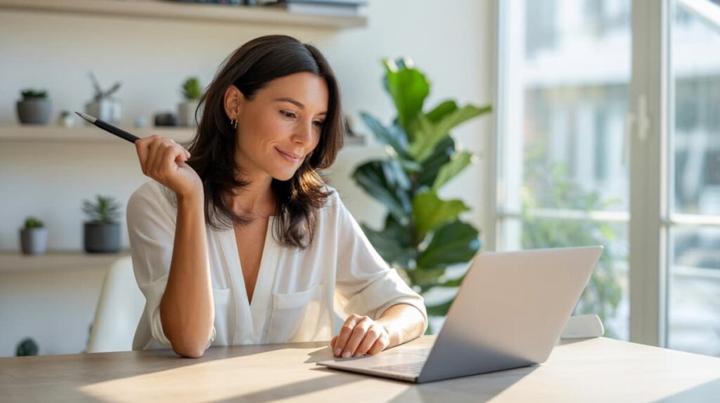 woman smiling and thinking at her home office desk