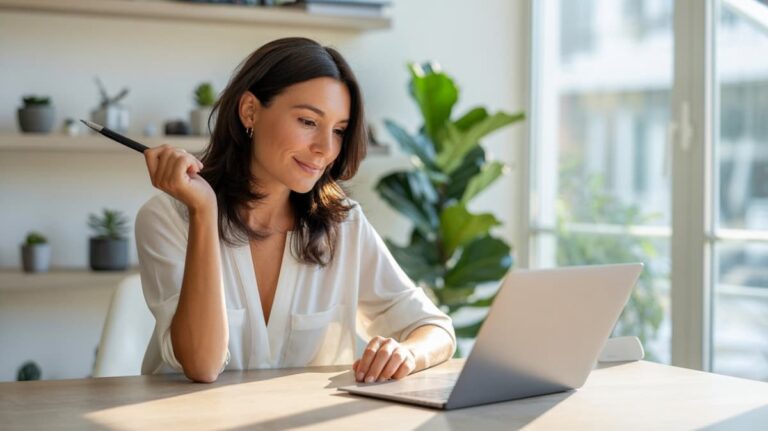 woman smiling and thinking at her home office desk