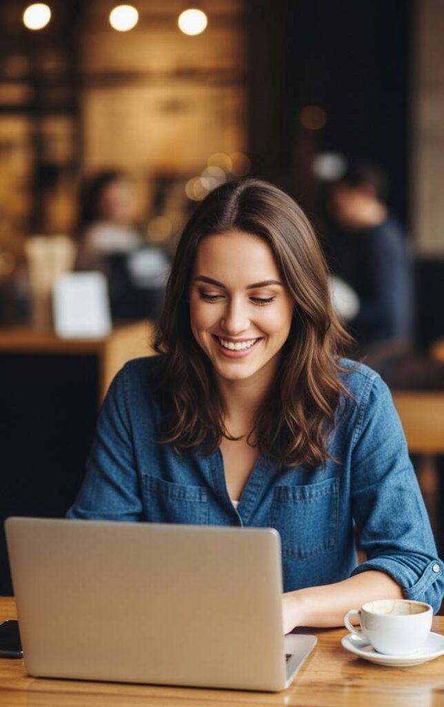 woman working happily on her laptop
