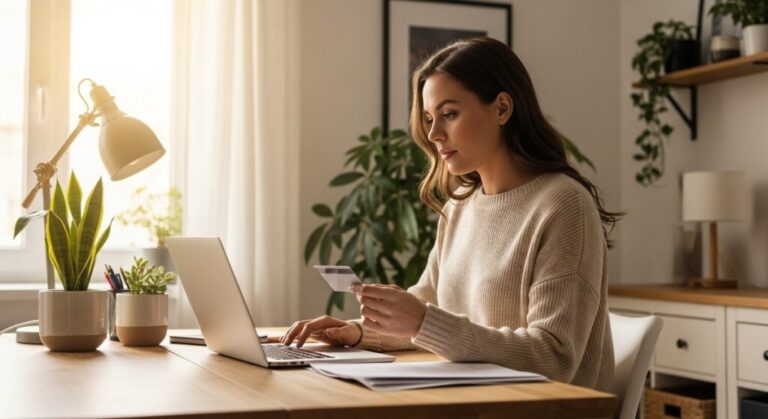 a woman with a gift card and laptop at a home desk checking how to transfer her Visa gift card to her bank account