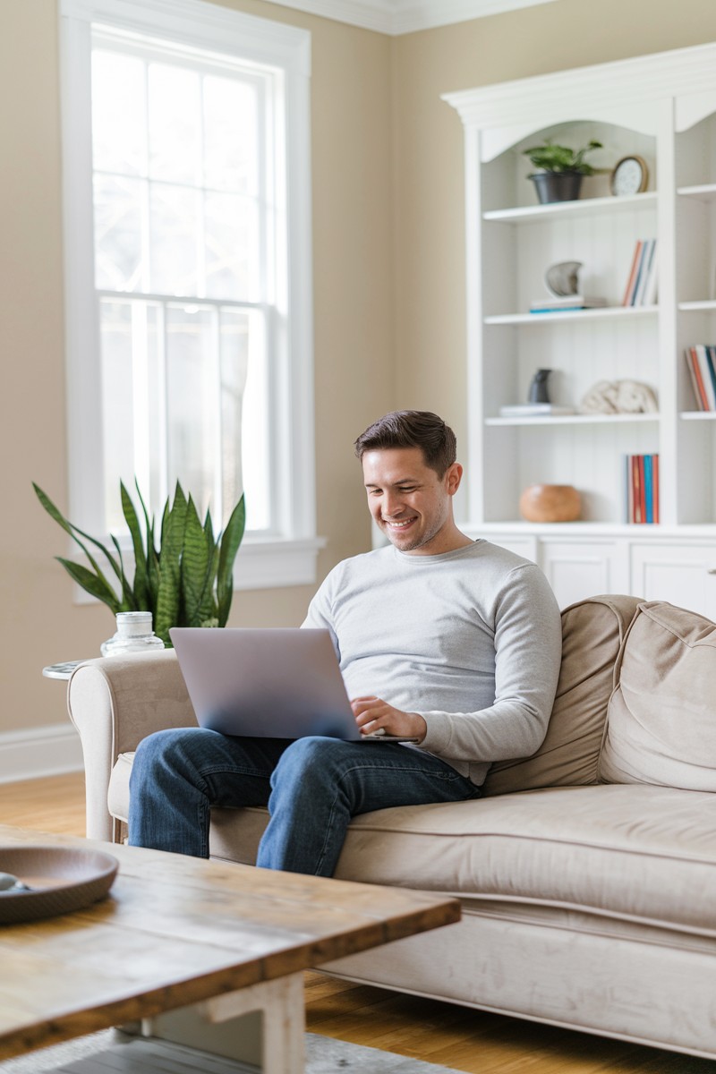 man working on laptop at home