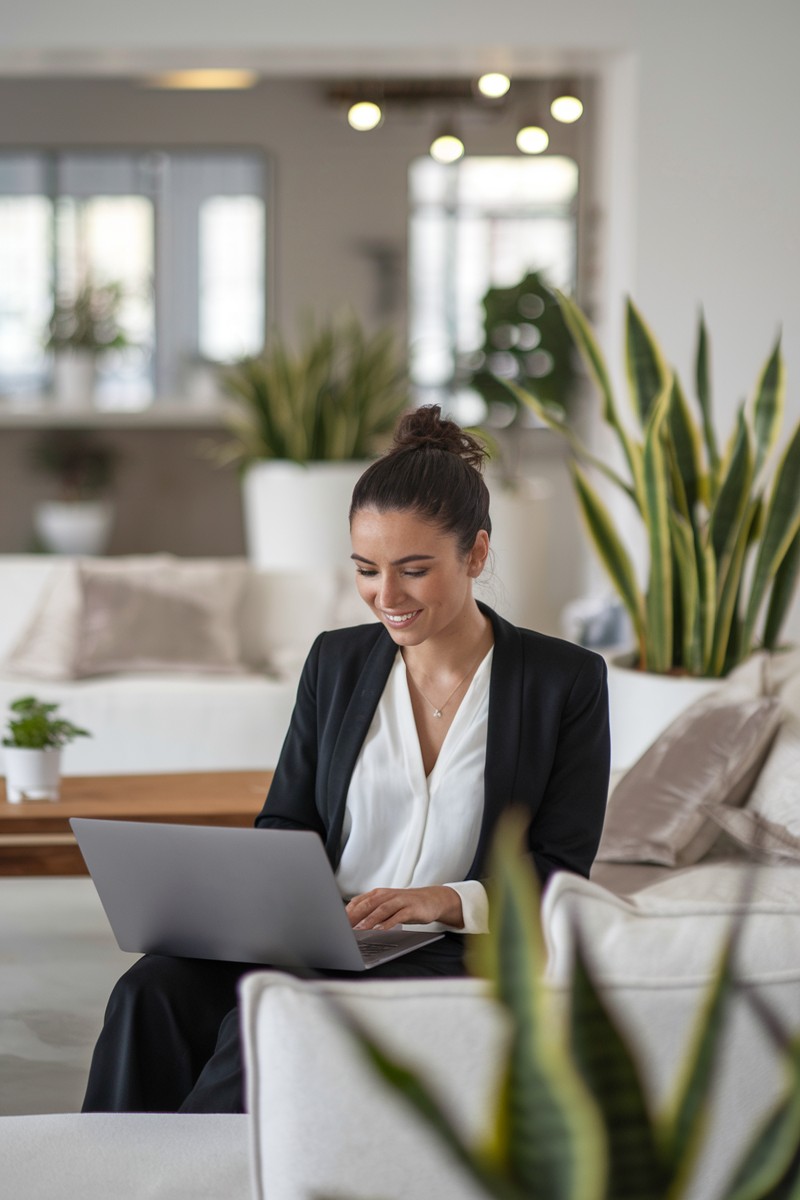 woman using laptop in bright lounge room