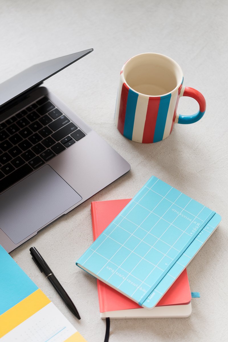 flatlay workspace with laptop, coffee, notebook, and pen