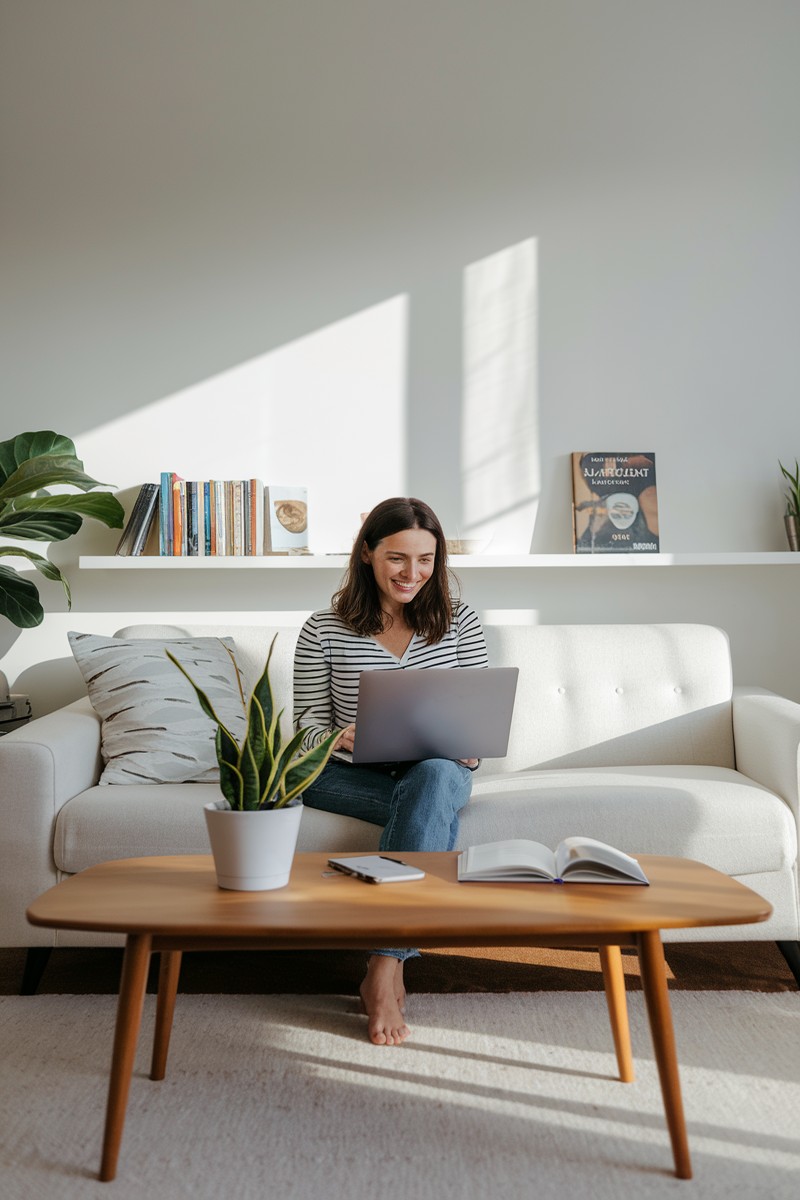a woman with laptop in naturally-lit home for digital products