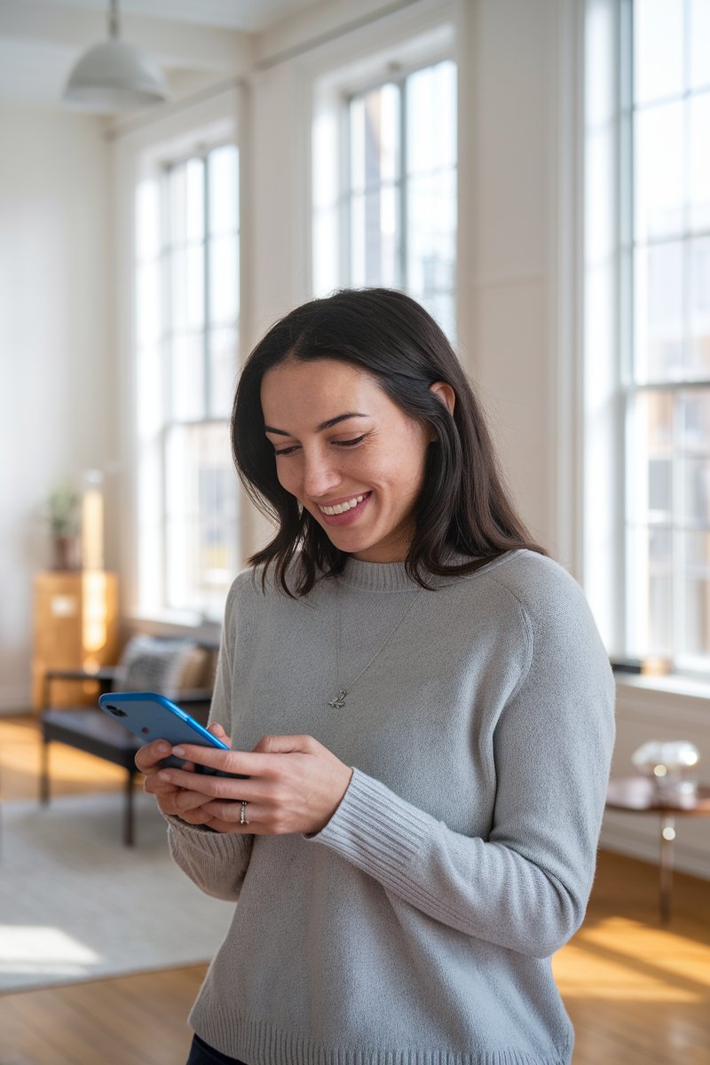 woman using phone in bright living room