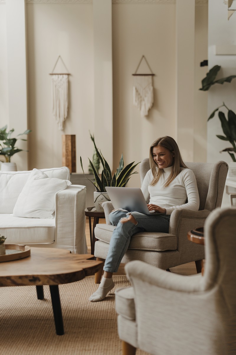 a woman using laptop in bright lounge room for digital products