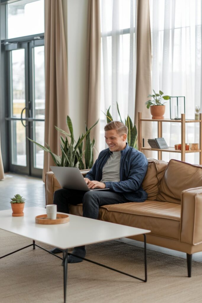 Smiling man working on computer at home - 35 Ultimate Hacks to Save $5,000 in 6 Months (That Actually Work)