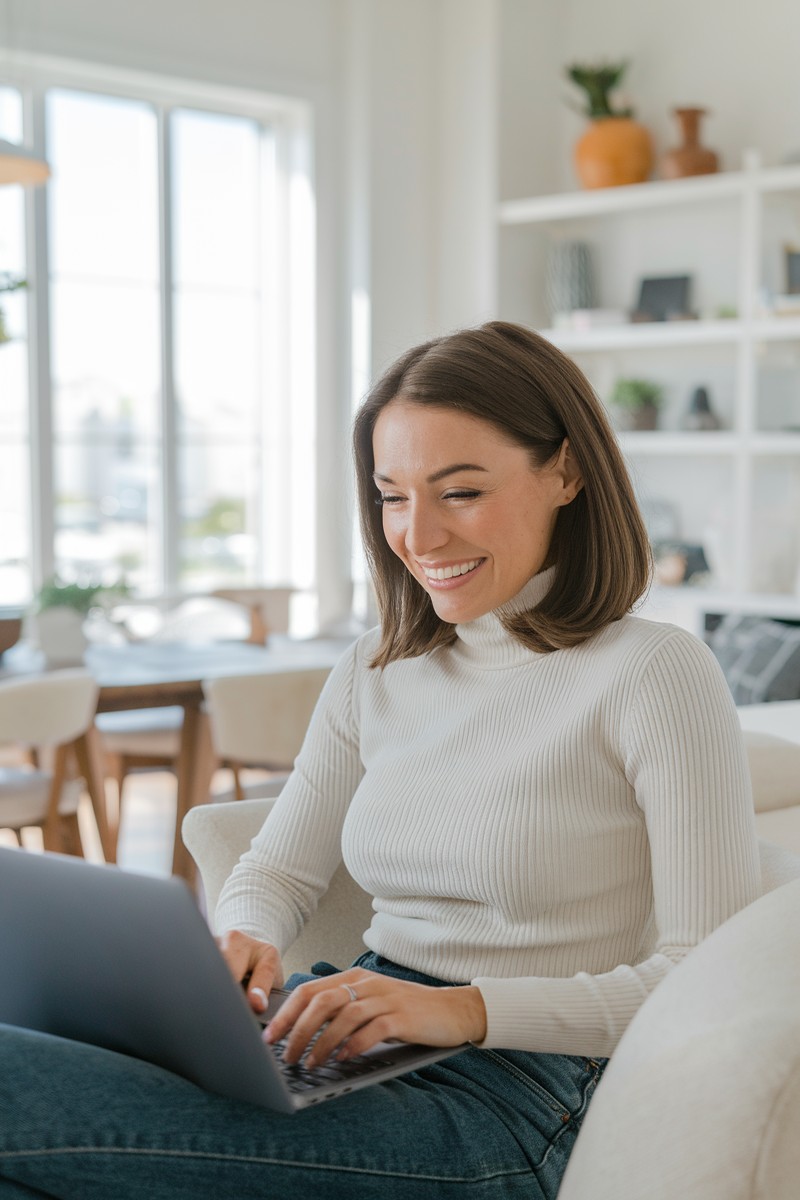 a woman with laptop in naturally-lit home for selling on Etsy