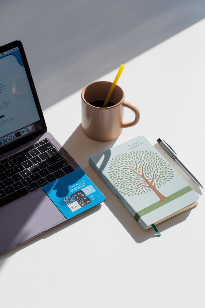 flatlay of laptop, coffee mug, notebook, and pen