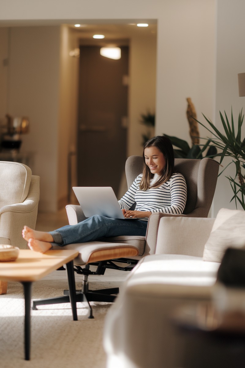 woman using laptop in bright lounge room
