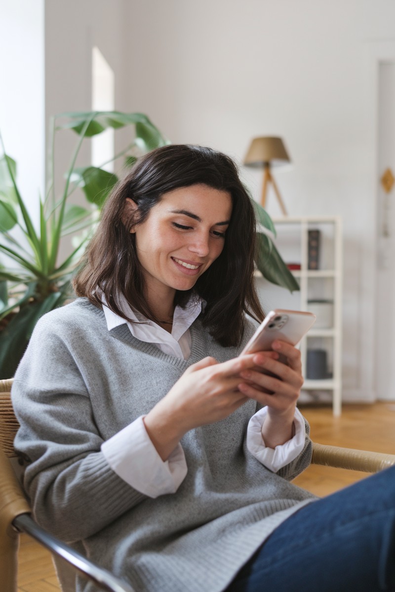 woman using phone in bright living room