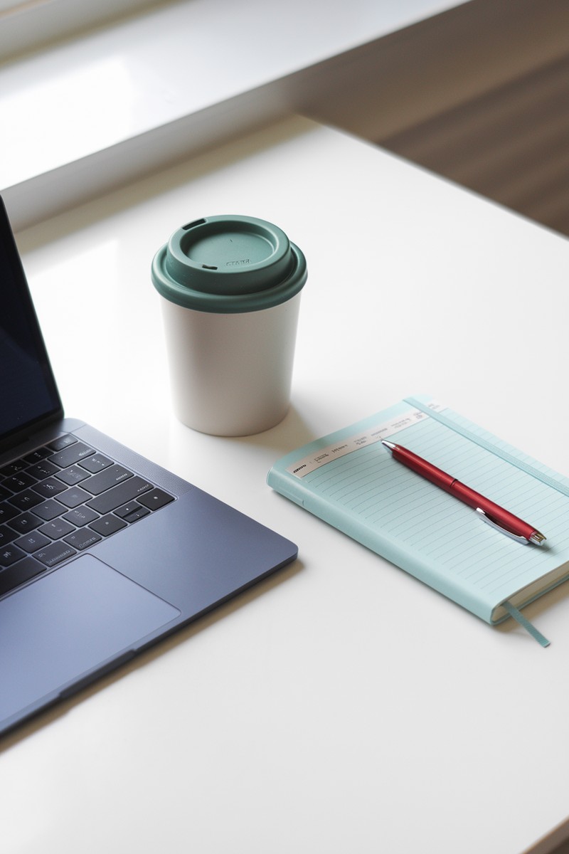 a flatlay of laptop, coffee mug, notebook, and pen for selling on Etsy