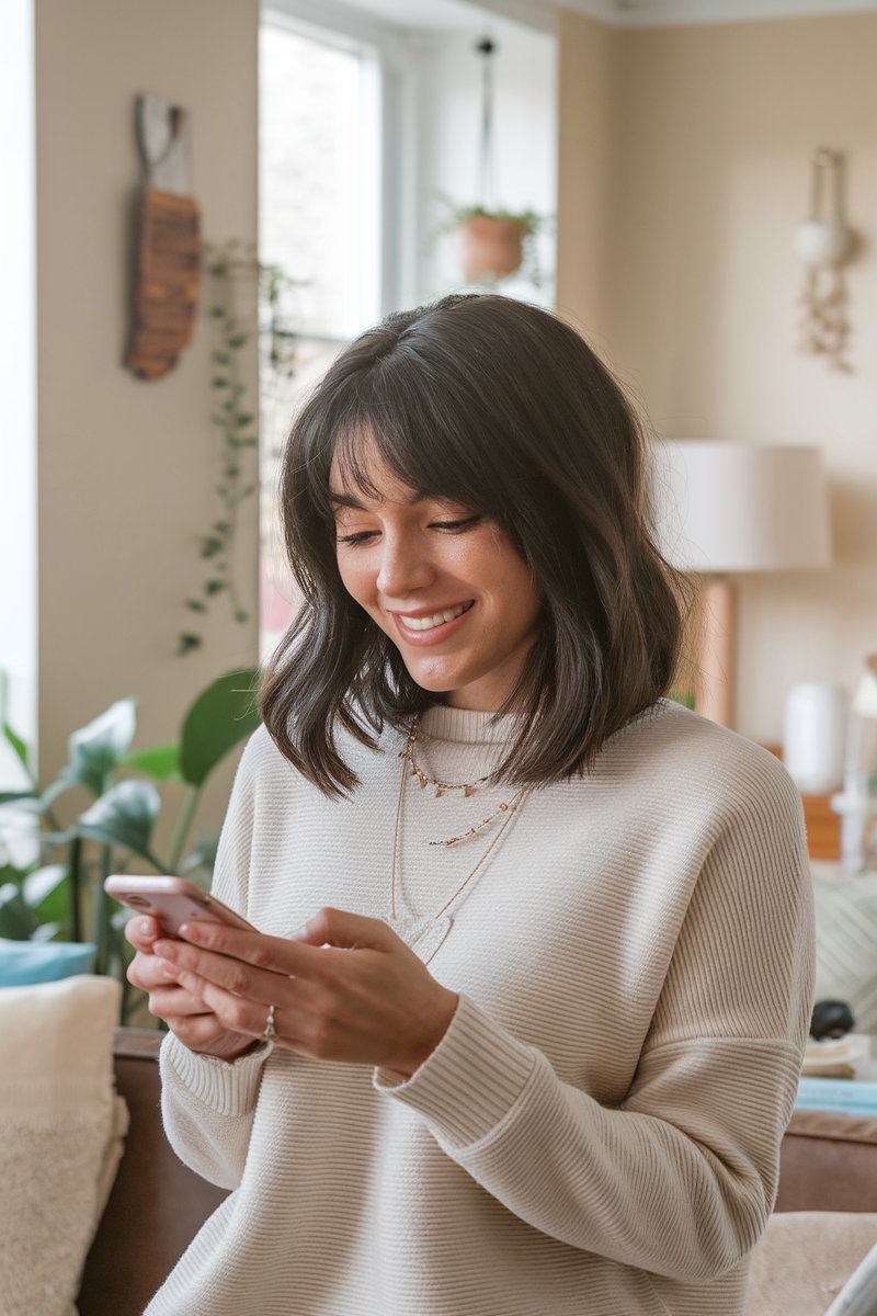 a woman using phone in bright living room for selling on Etsy