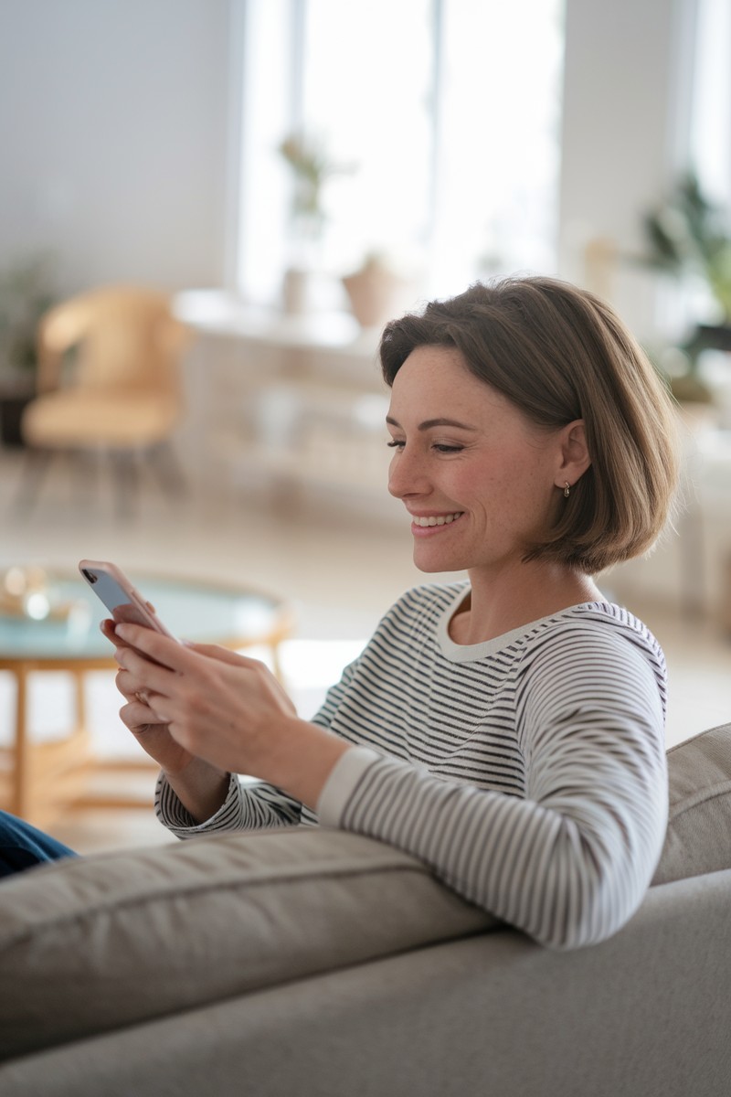 woman using phone in bright living room