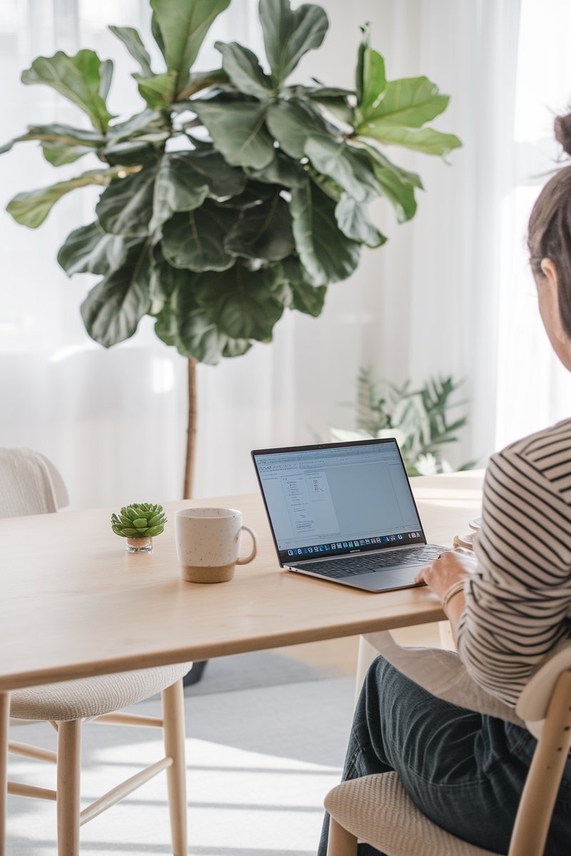 a woman working in a bright and airy home office setup to make $3,000 a month