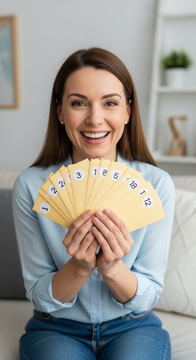 a woman holding a fan of numbered envelopes and smiling proudly for saving with envelopes