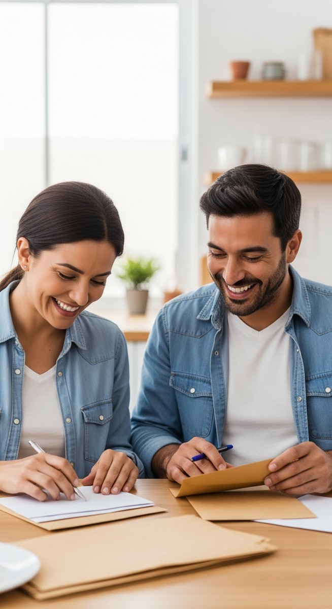 a couple filling savings envelopes together at a kitchen table and laughing for saving with envelopes