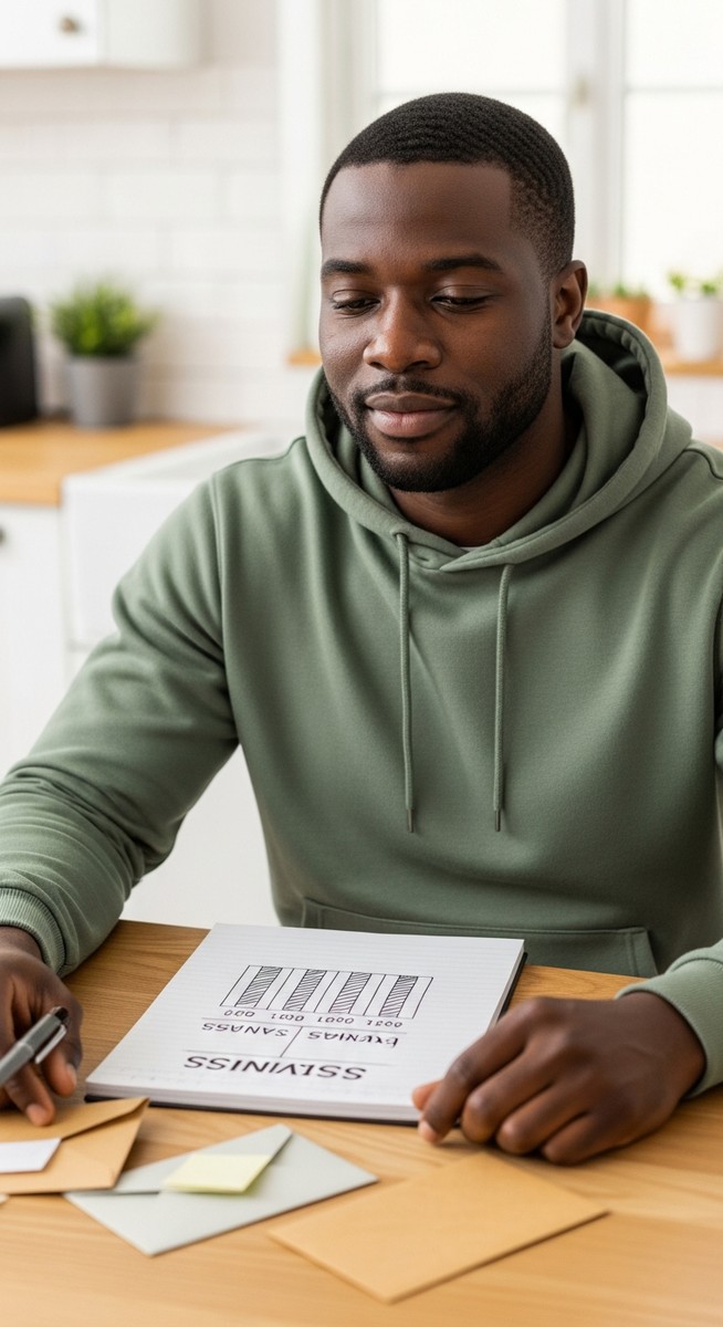 man with a savings chart notepad and envelopes at a kitchen table