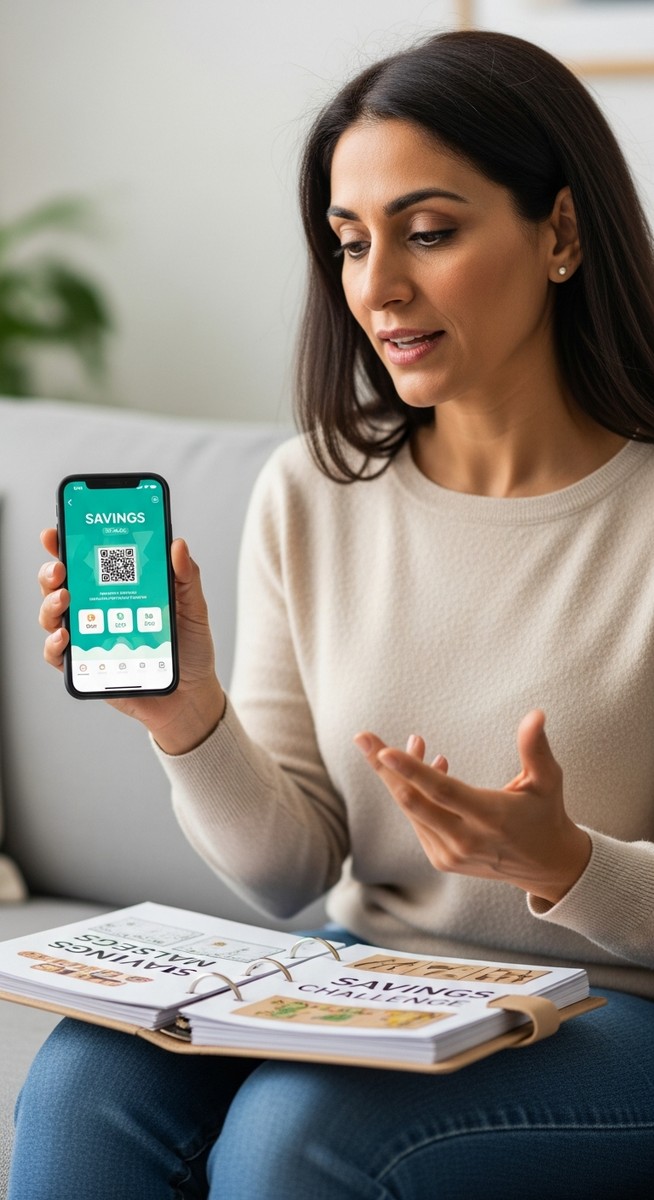 woman with a savings app on her phone and a savings challenge binder on her lap