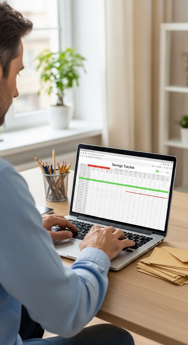 man reviewing a savings tracker on a laptop with a stack of envelopes beside him