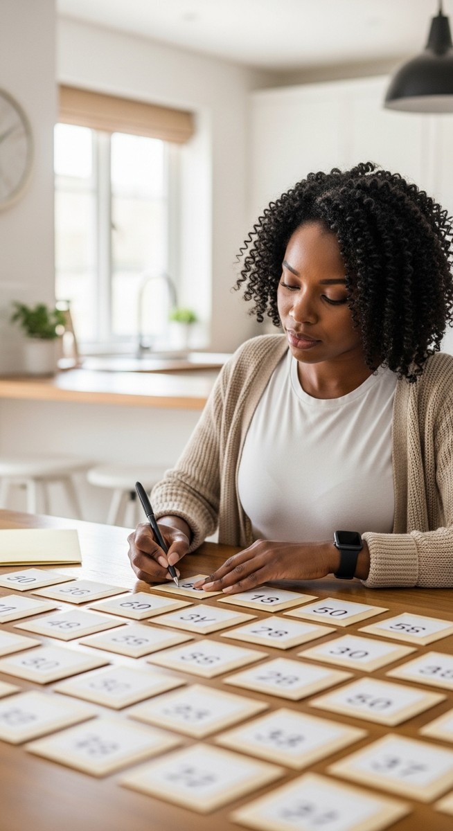 woman writing on a numbered envelope at a kitchen table with rows of envelopes in front of her
