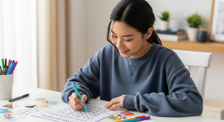 a young woman decorating a savings challenge tracker with stickers at a home desk for saving with envelopes